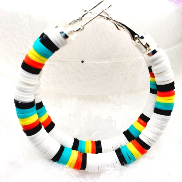 Polymer Clay Round Circle Colorful Medium Hoop Heishi Earrings. 2.0 Inches - Picture 4 of 6